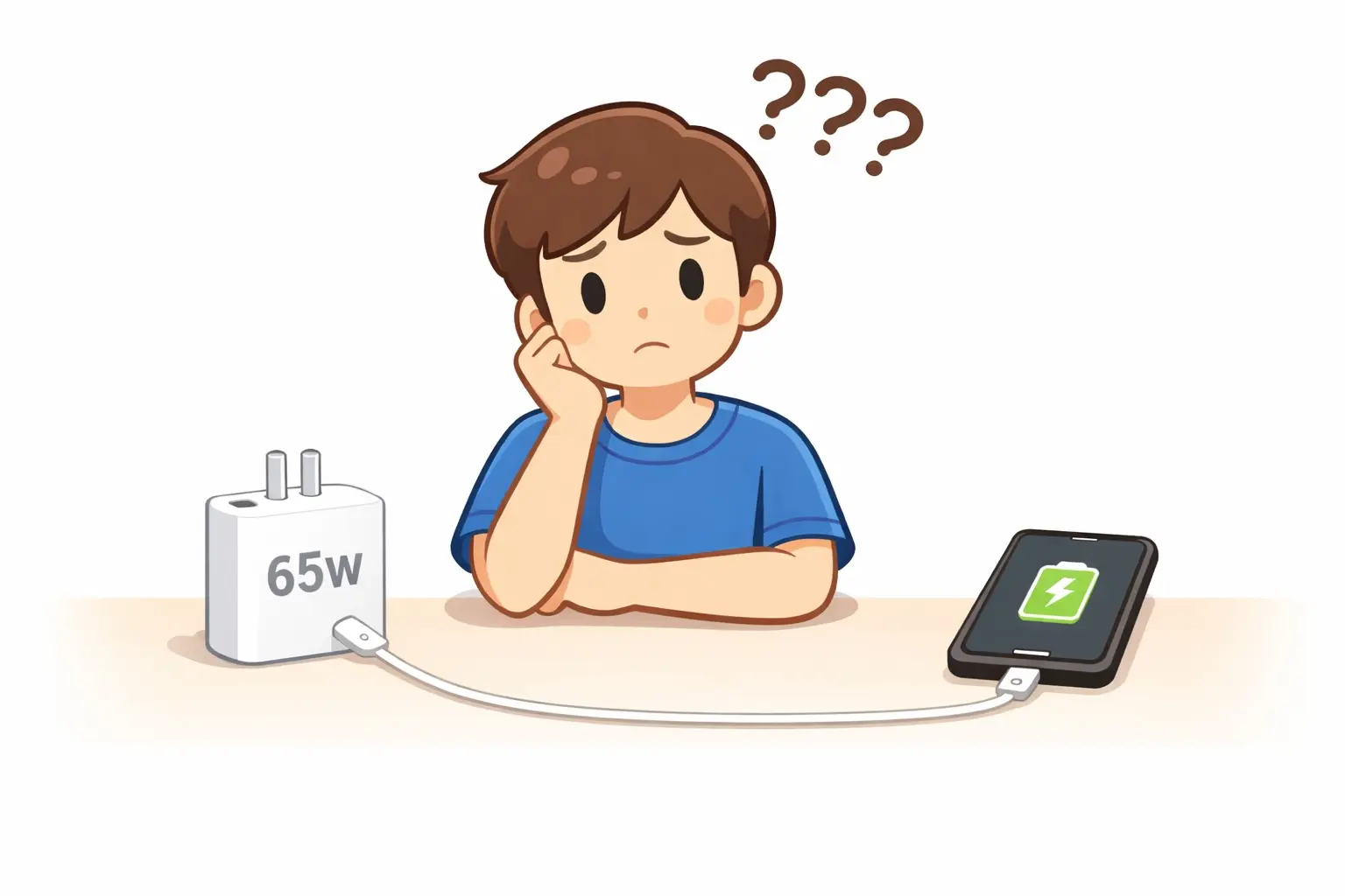 65Wの充電器とスマホを前に、使って大丈夫か悩んでいる人物