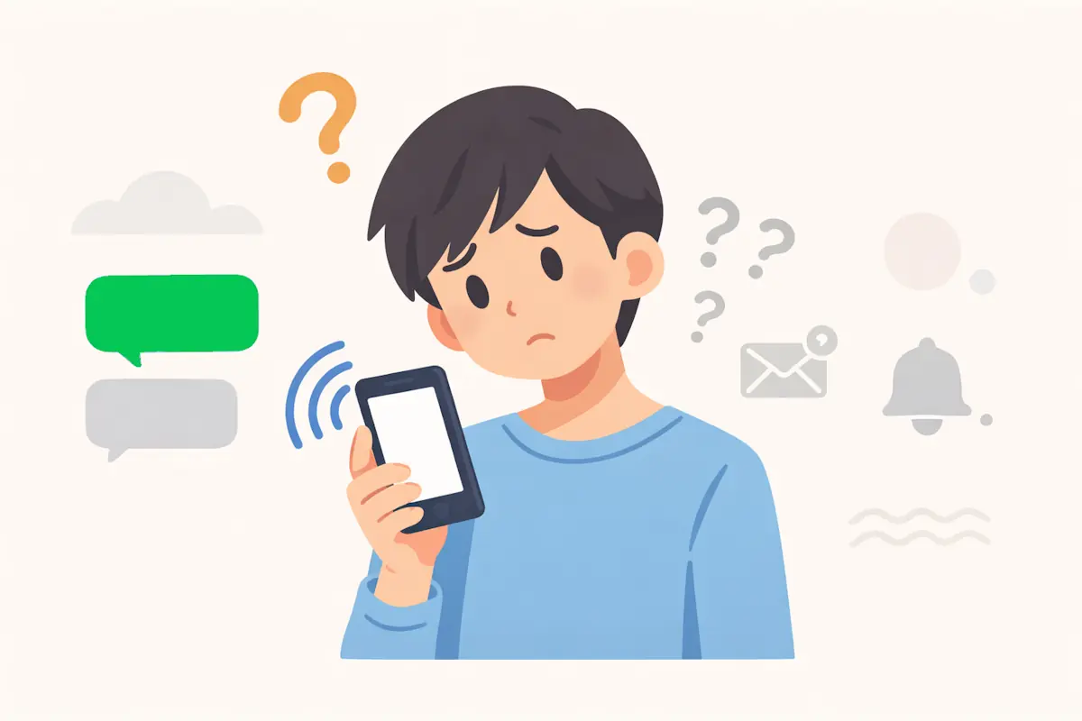 LINEの通知音だけが鳴り、メッセージが届いていないことに困惑する人物のイラスト
