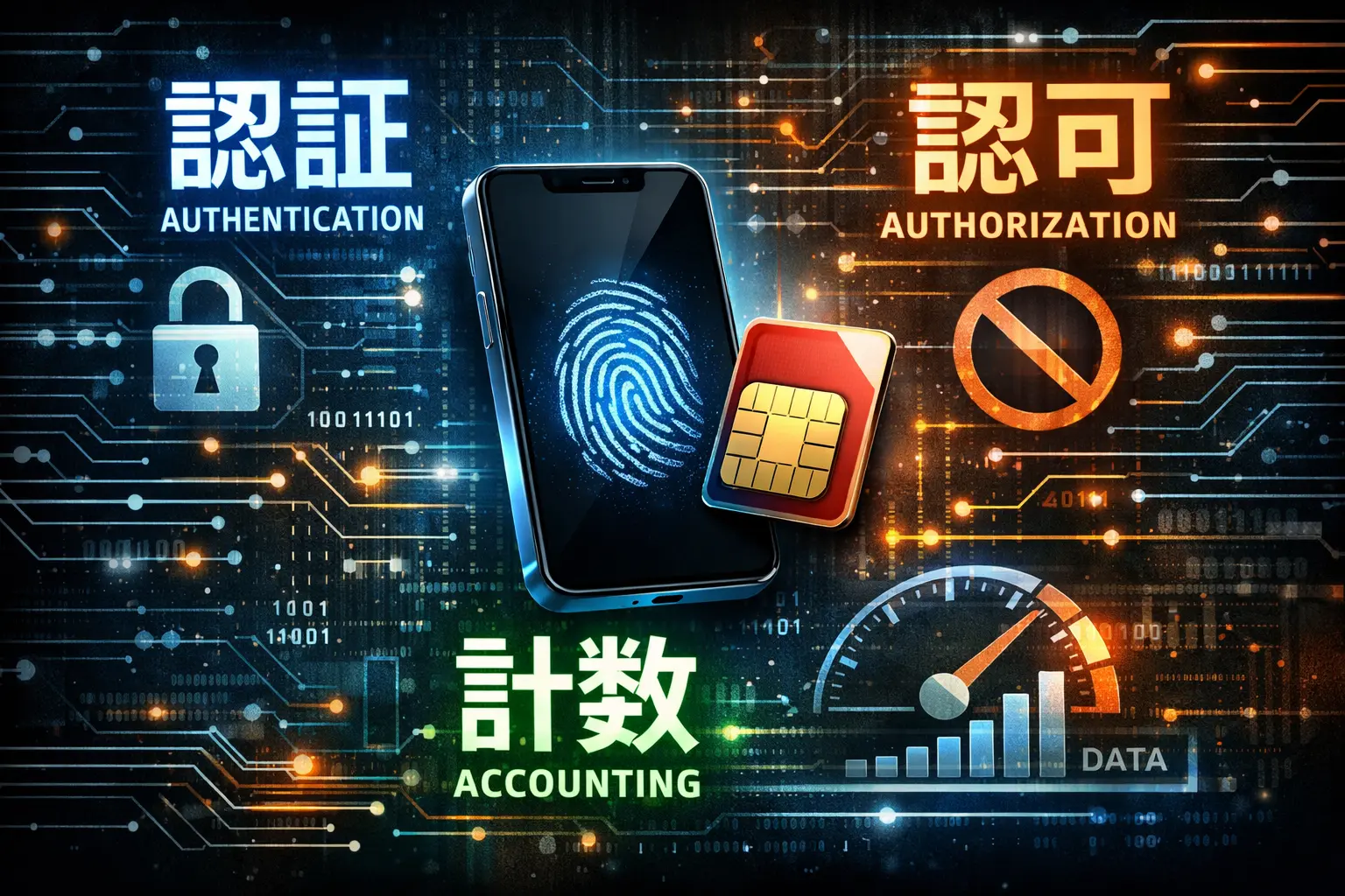 スマートフォン通信における認証・認可・計数（AAA）の構造を示した図解