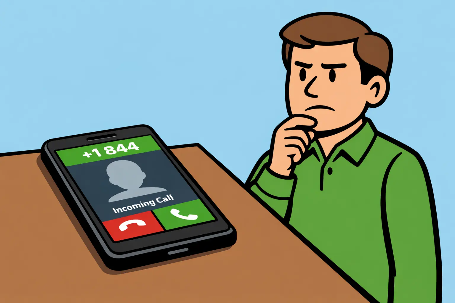 +1844からの着信を見て考えている人物とスマートフォン